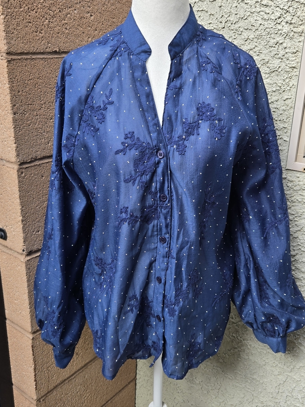 Anewsta Women’s Navy Blue Embroidered Button-Front Top